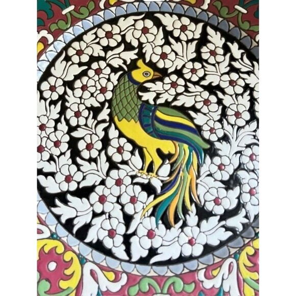 Vintage Coingrace Granada Spain Art Pottery Wall Plate 10" Pheasant Floral Rim - Picture 2 of 7